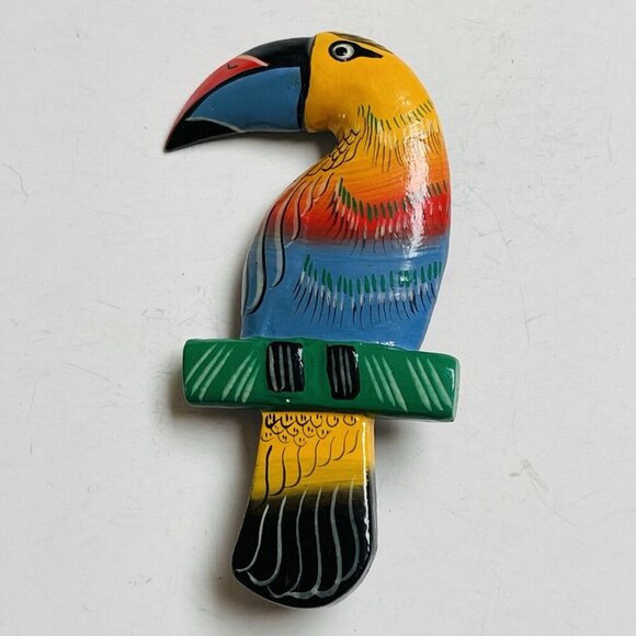 Hand Painted Wood Toucan Tropical Bird Brooch Pin 3.75 Colorful Handmade - Picture 2 of 4